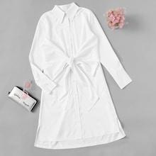 Romwe Single Breasted Knot Front Shirt Dress