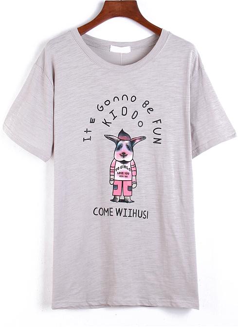 Romwe Letter Dog Print Long Grey T-shirt