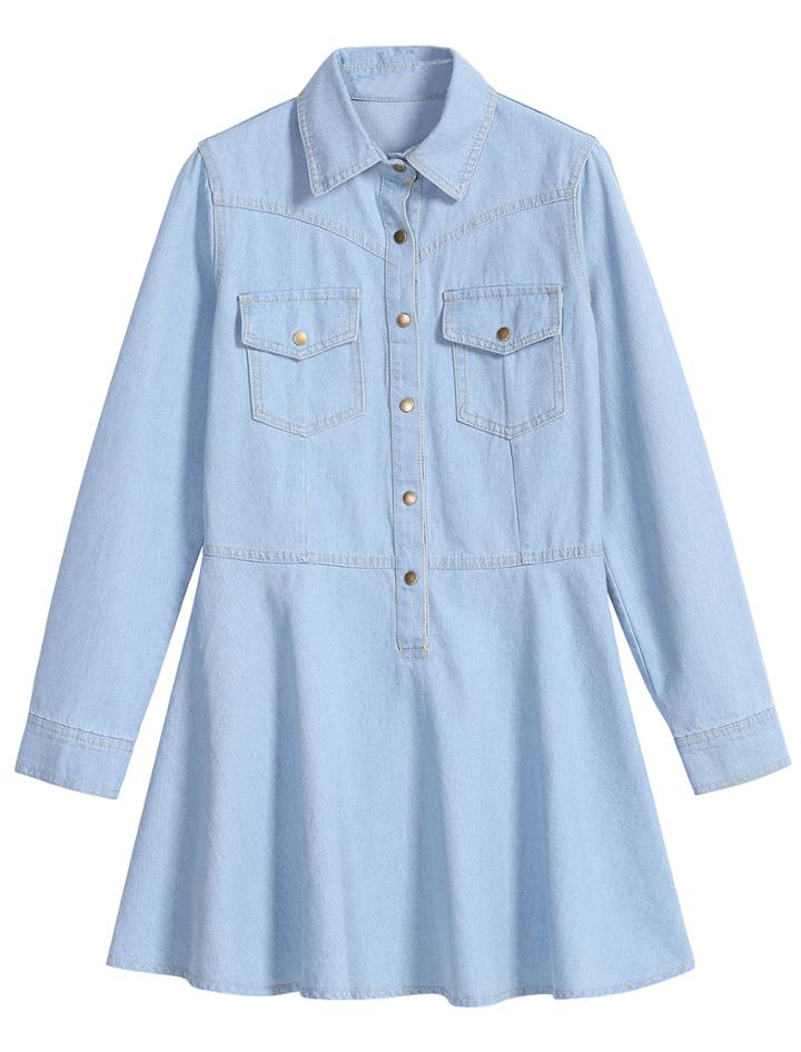 Romwe Pockets Lapel Flouncing Denim Blue Dress