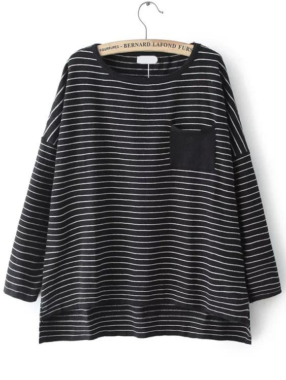 Romwe Dip Hem Striped Dropped Shoulder Seam Black T-shirt