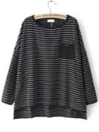 Romwe Dip Hem Striped Dropped Shoulder Seam Black T-shirt