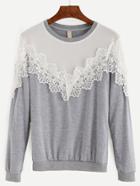 Romwe Heather Grey Contrast Yoke Lace Applique Pullover Sweatshirt