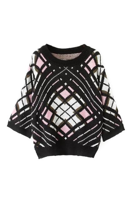 Romwe Batwing Sleeved Check Knitted Loose Jumper