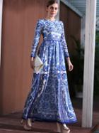 Romwe White And Blue Porcelain Round Neck Long Sleeve Dress