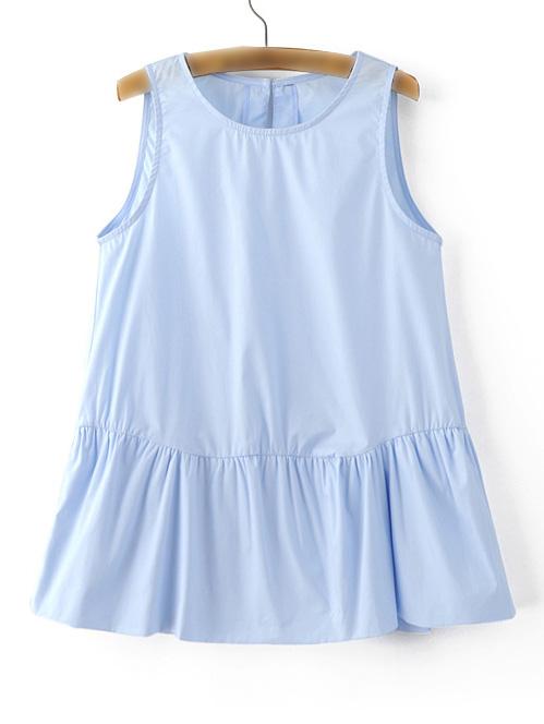 Romwe Light Blue Sleeveless Key-hole Ruffle Hem Blouse