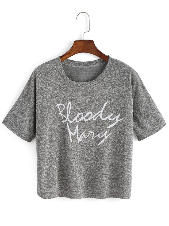 Romwe Grey Crew Neck Letters Print Crop T-shirt