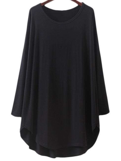 Romwe Black Long Sleeve Dolphin Hem Casual Dress