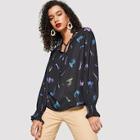 Romwe Animal Print Tie Neck Shirred Panel Top