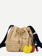 Romwe Beige Faux Fur Charm Embellished Straw Bucket Bag