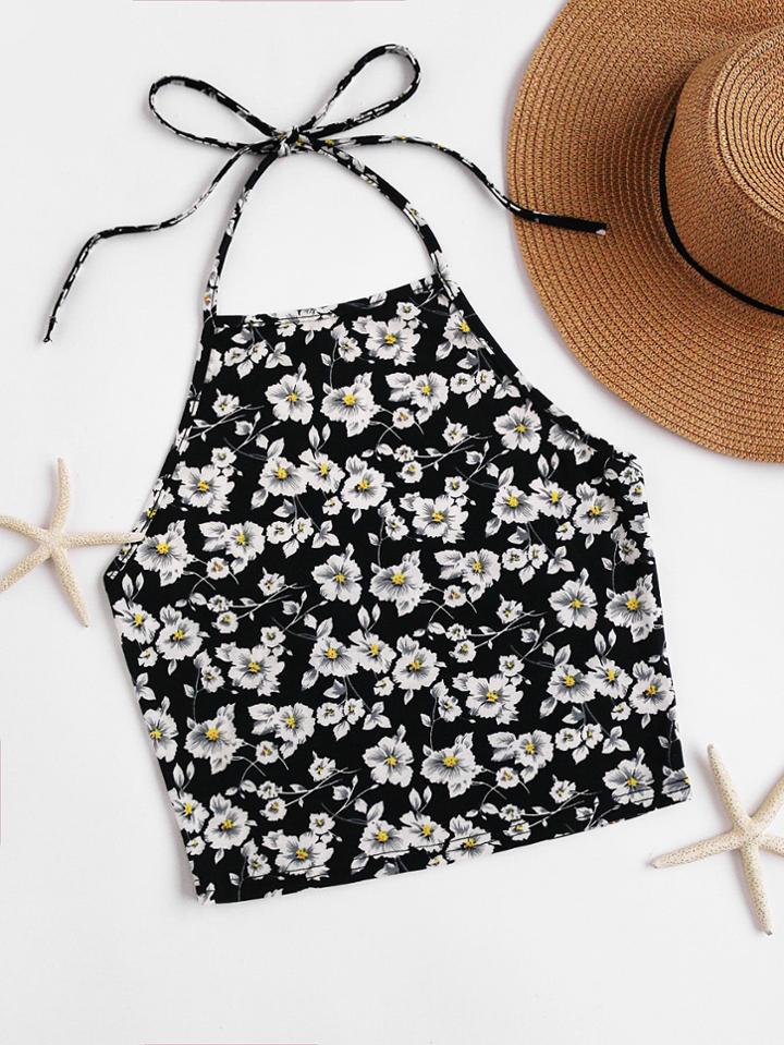 Romwe Blossom Self Tie Halter Top