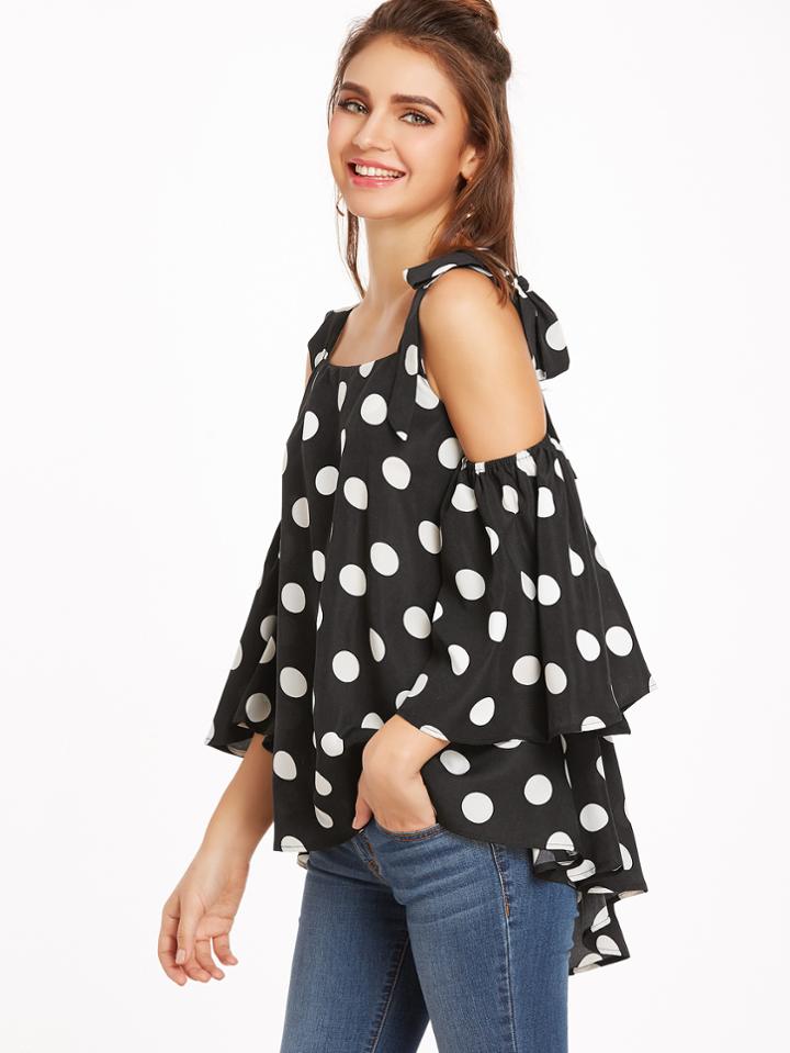 Romwe Black Polka Dot Cold Shoulder Bow Tie Blouse