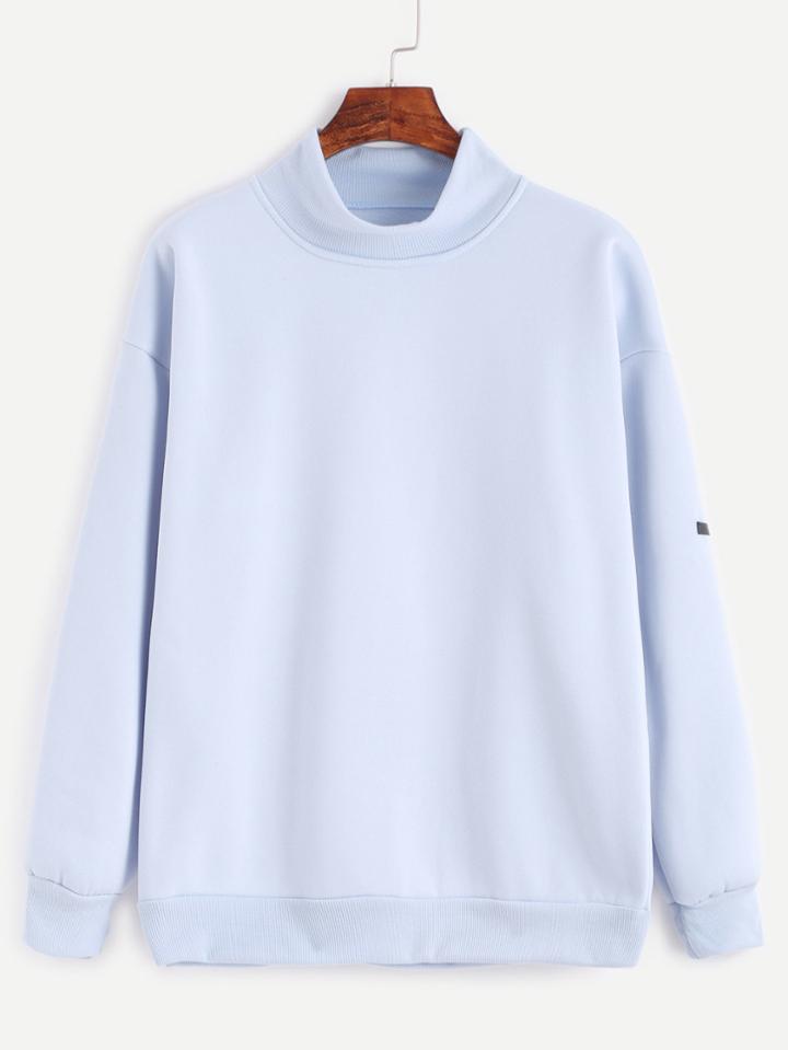 Romwe Pale Blue High Neck Drop Shoulder Sweatshirt