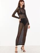 Romwe Black Long Sleeve Sheer Striped Lace Dress