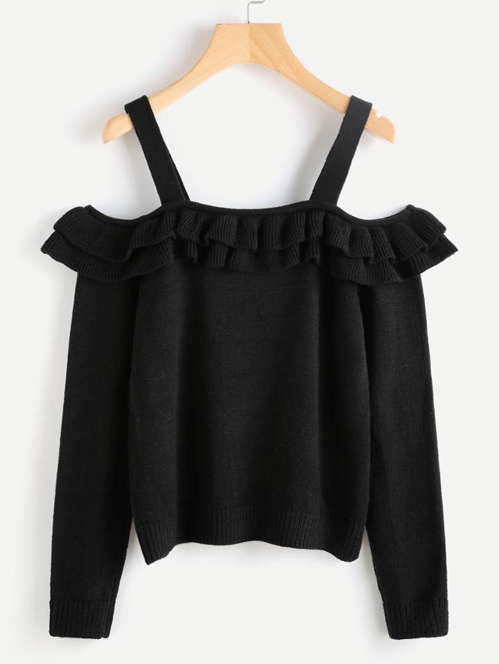 Romwe Layered Frill Trim Cold Shoulder Jumper