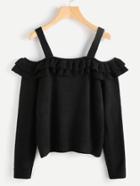 Romwe Layered Frill Trim Cold Shoulder Jumper