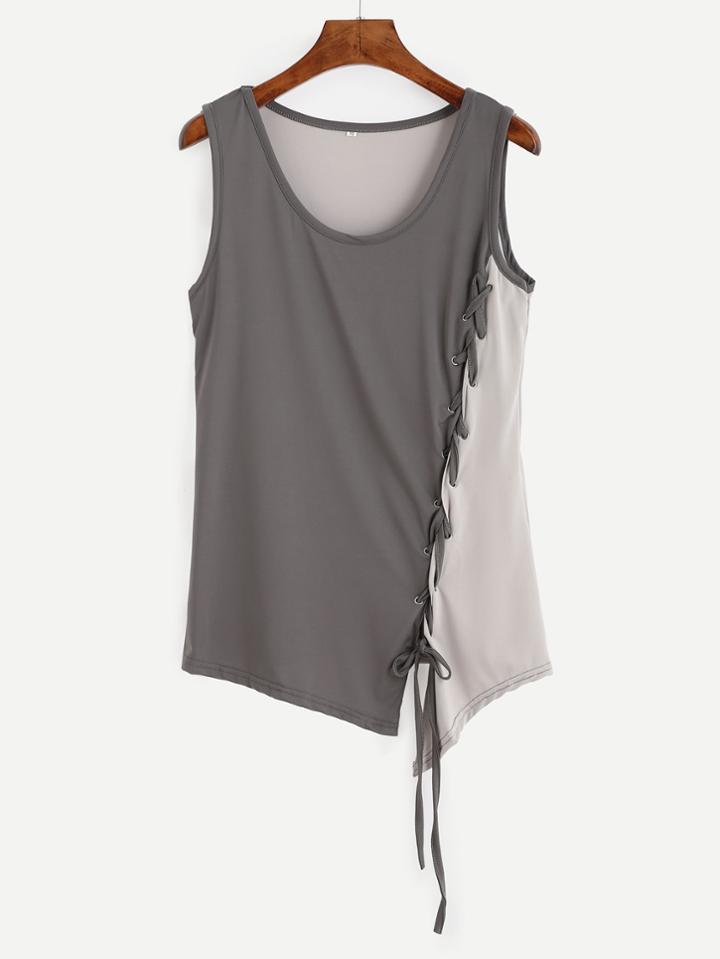 Romwe Contrast Eyelet Lace Up Tank Top