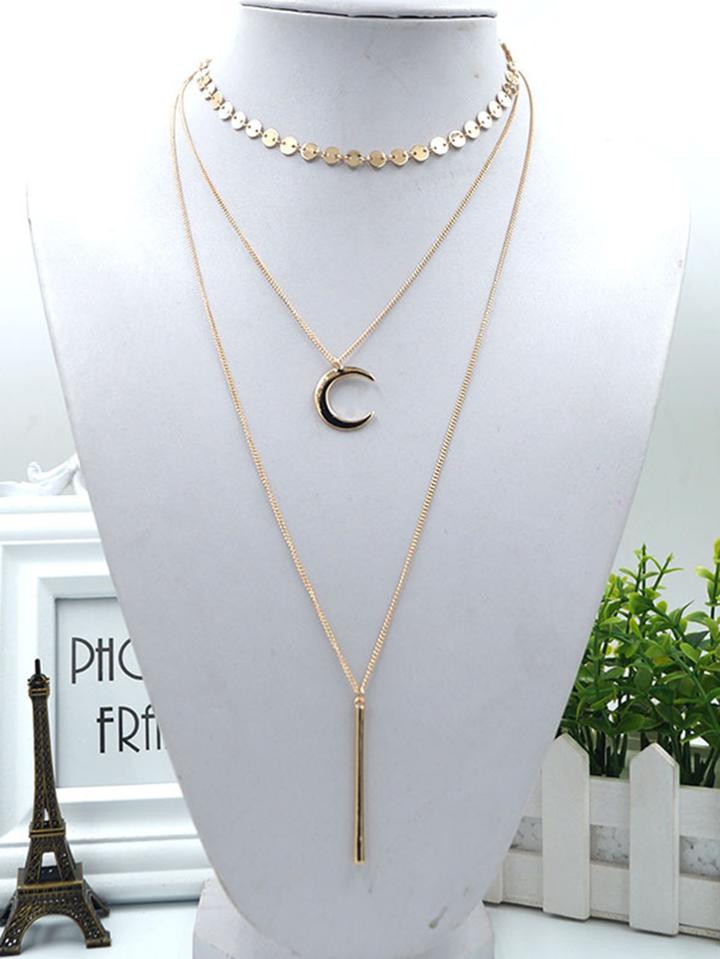 Romwe Moon And Bar Mulch Layer Pendant Necklace