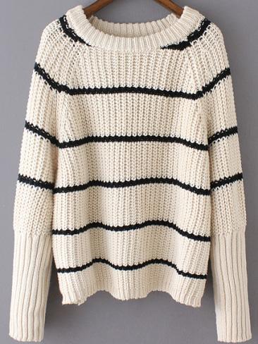 Romwe Bat Sleeve Striped Beige Sweater