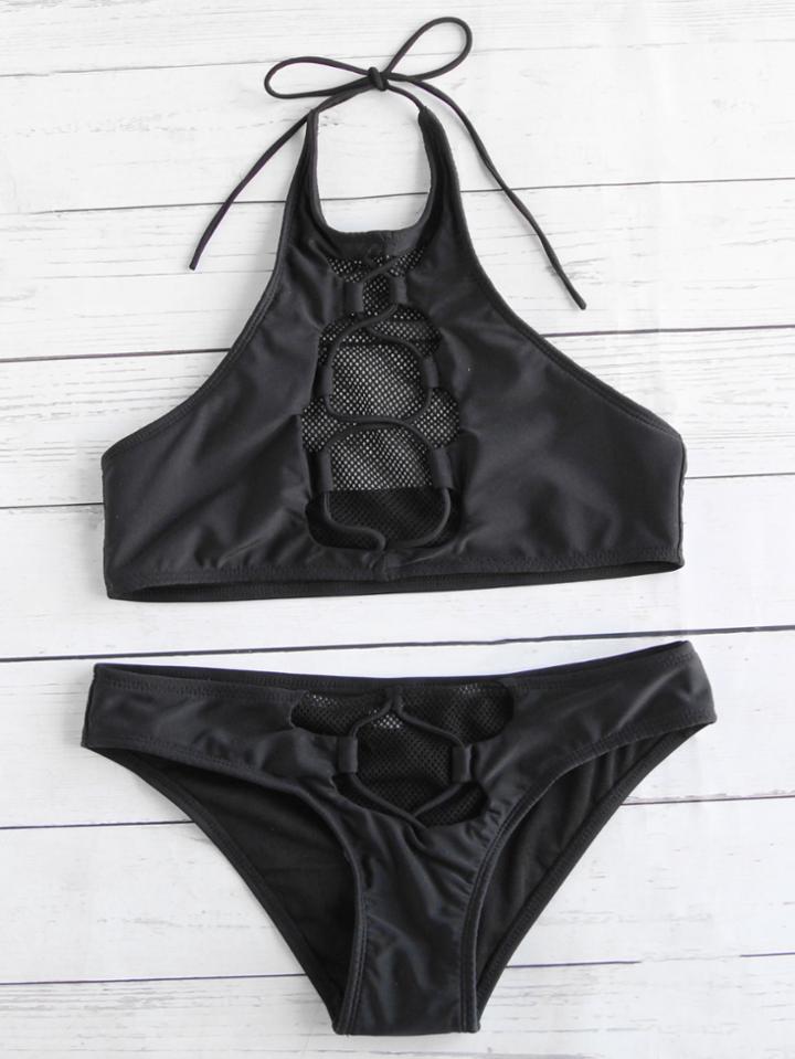 Romwe Black Net Detail Criss Cross Bikini Set