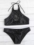 Romwe Black Net Detail Criss Cross Bikini Set