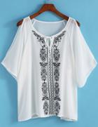 Romwe Open Shoulder Embroidered Chiffon Top