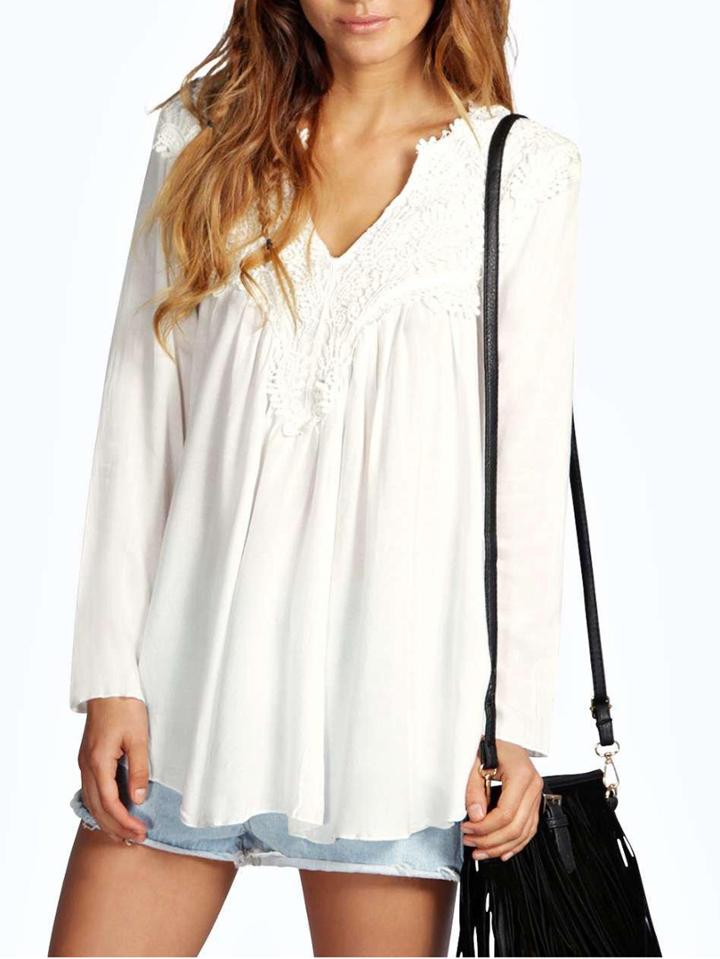 Romwe Crochet Shoulder Loose Fit Blouse - White