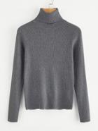 Romwe Roll Neck Rib Knit Solid Sweater