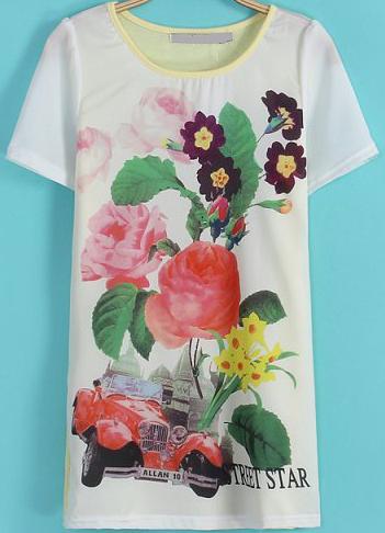 Romwe Floral Car Print T-shirt