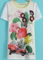 Romwe Floral Car Print T-shirt