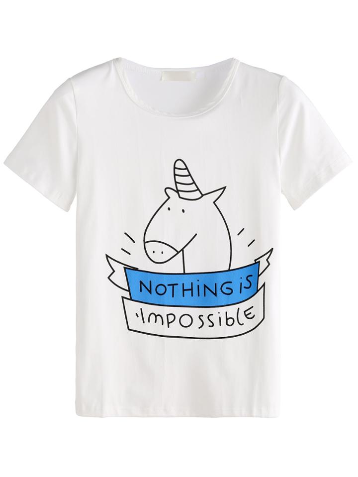 Romwe White Cartoon Slogan Print T-shirt