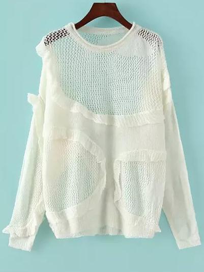 Romwe Open-knit Fungus Edge White Sweater