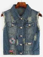 Romwe Blue Distressed Embroidered Patch Detail Denim Vest