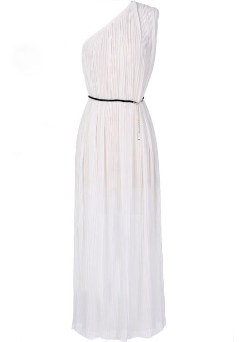 Romwe Oblique Shoulder With Belt Maxi Pleated Dress
