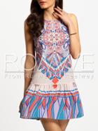 Romwe Multicolor Vintage Print Flounce Hem Shift Dress