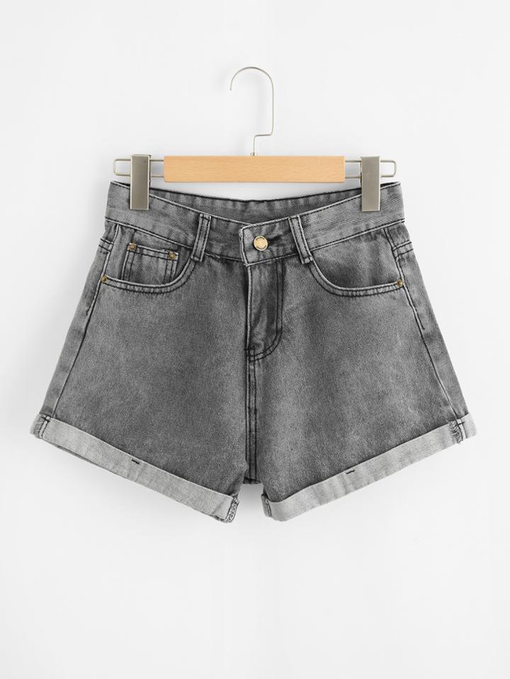 Romwe Bleach Wash Roll Up Hem Denim Shorts