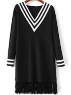 Romwe Black Striped V Neck Fringe Hem Knit Dress