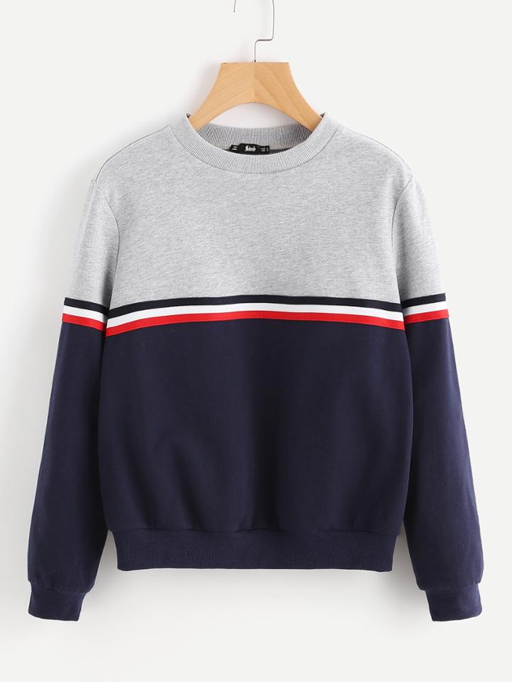 Romwe Striped Woven Tape Detail Two Tone Sweatshirt