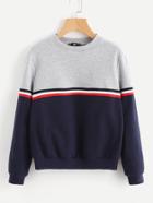 Romwe Striped Woven Tape Detail Two Tone Sweatshirt