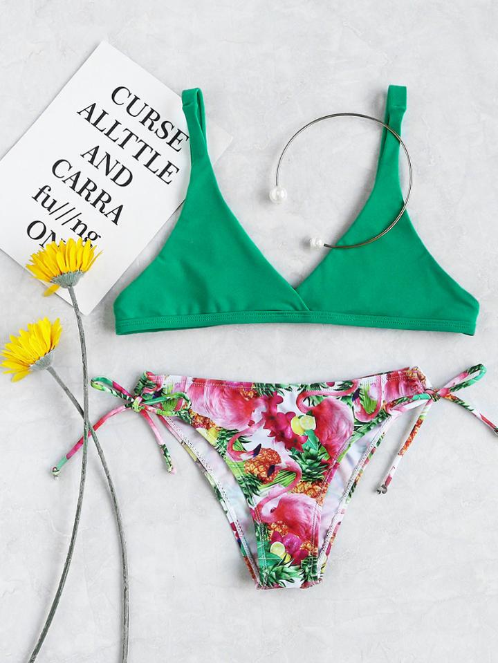 Romwe Flamingo Print Side Tie Triangle Bikini Set