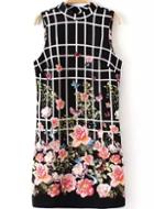 Romwe Stand Collar Florals Open Back Dress