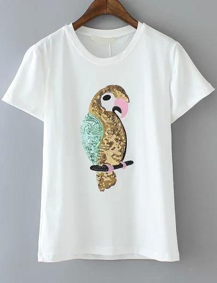Romwe With Sequined Bird Pattern White T-shirt