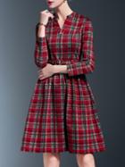 Romwe Red V Neck Check Print Belted A-line Dress