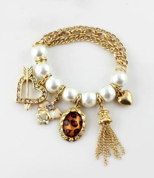 Romwe Charming Heart Leopard Rhinestone Imitation Bead Multielement Bracelet