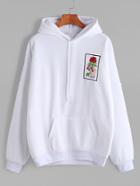 Romwe White Drop Shoulder Hand Rose Embroidery Hooded Pocket Sweatshirt