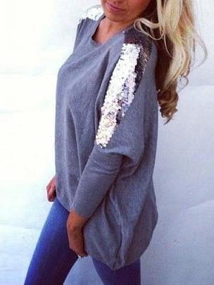 Romwe Dip Hem Sequined Dolman Grey T-shirt