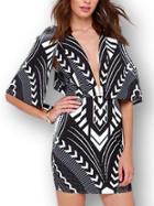 Romwe Contrast Geometric Print Plunge Neck Cape Sleeve Dress
