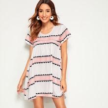 Romwe Stripe Print Frill Trim Smock Dress