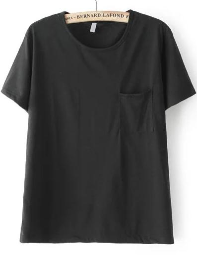 Romwe Black Short Sleeve Pocket Loose T-shirt