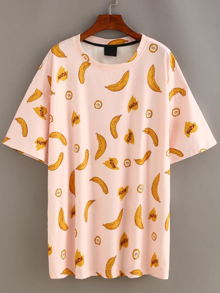 Romwe Pink Banana Print T-shirt Dress