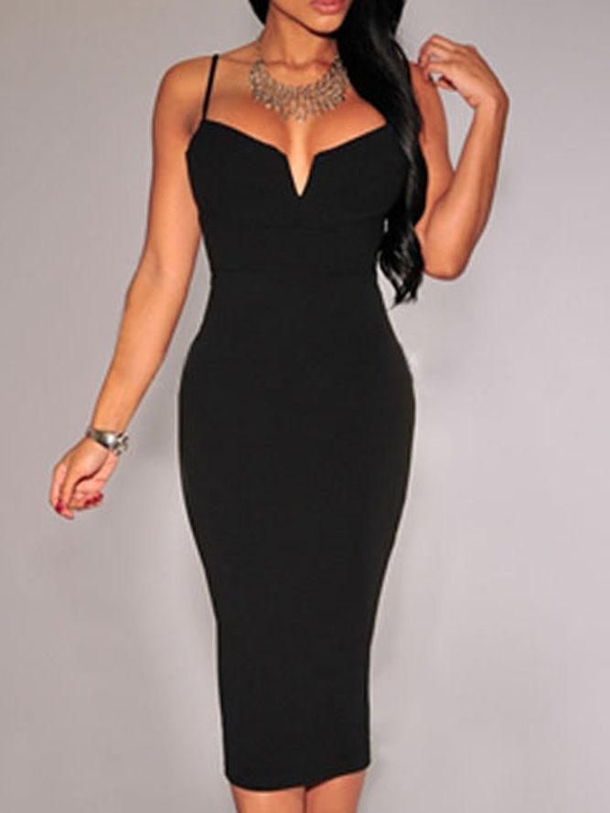 Romwe Black Spaghetti Strap V Cut Pencil Dress